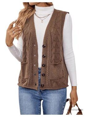 Sleeveless Button Down Sweater Vest Cardigan with Pockets